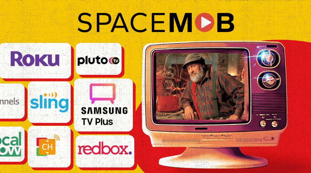 Red Green on a vintage TV surrounded by streaming service logos- Roku, Pluto TV, Samsung TV Plus, Redbox, Local Now, Sling