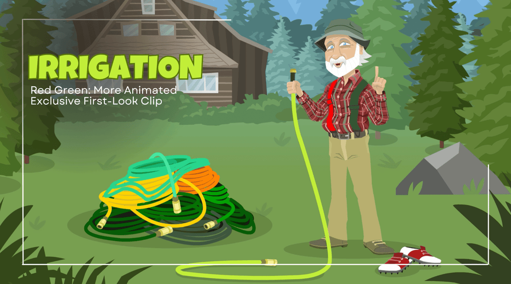 Red Green Animated holding a garden hose next to a pile of more garden hoses