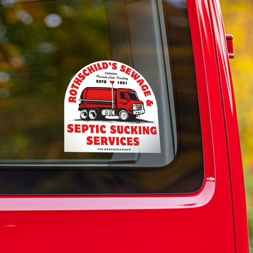 Rothschild's Sewage & Septic Sucking Services Sticker on Red Car window