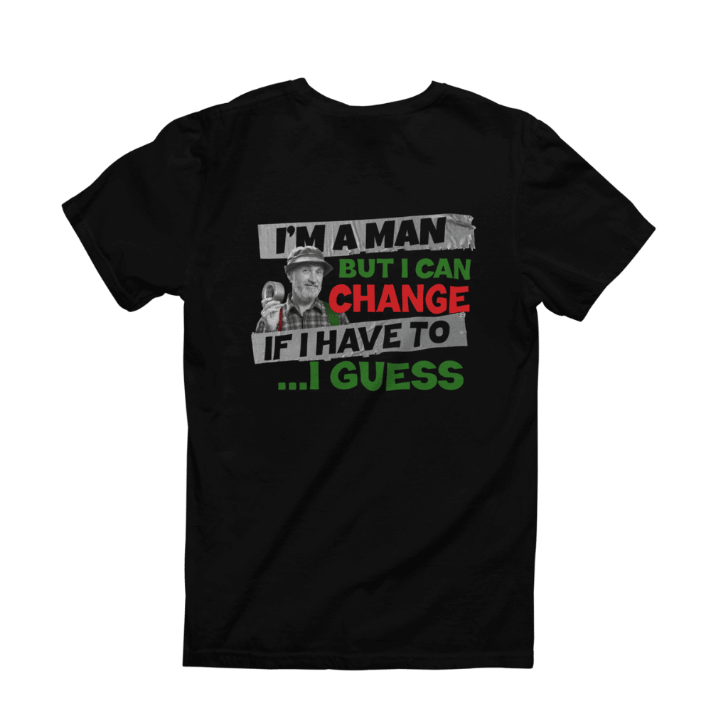 Back view of the black Possum Lodge Man's Prayer T-shirt on a Gildan Softstyle shirt, featuring the iconic Red Green Show quote in a full-color duct tape design.