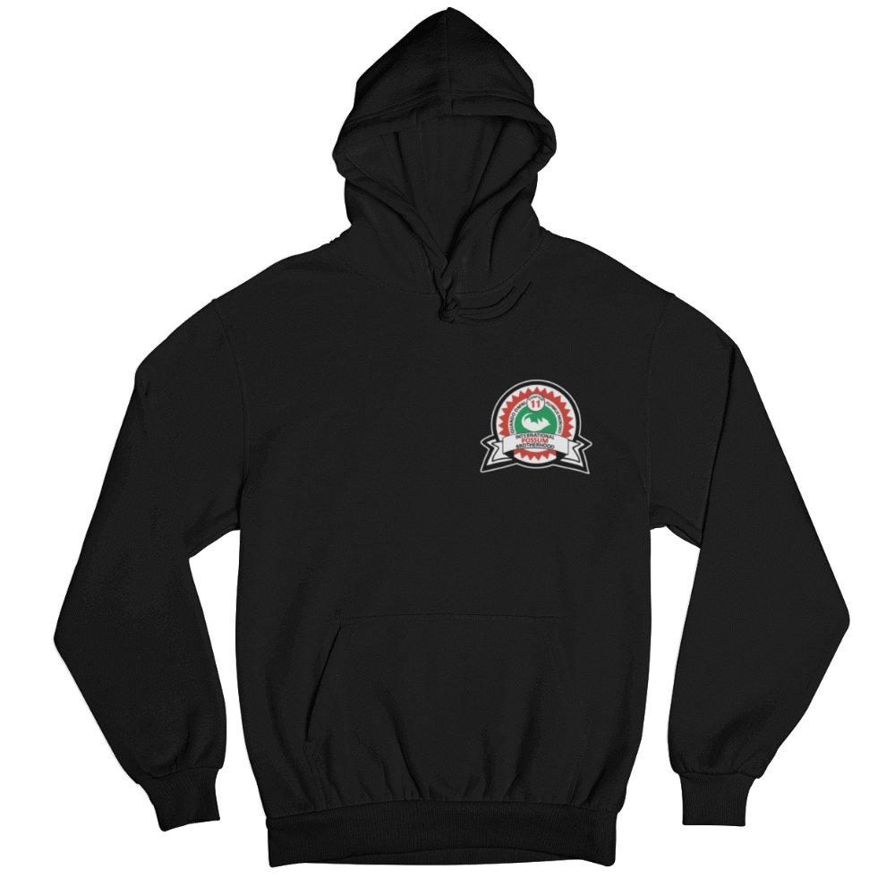 Man's Prayer Pullover Hoodie Front with Possum Lodge Crest on Chest