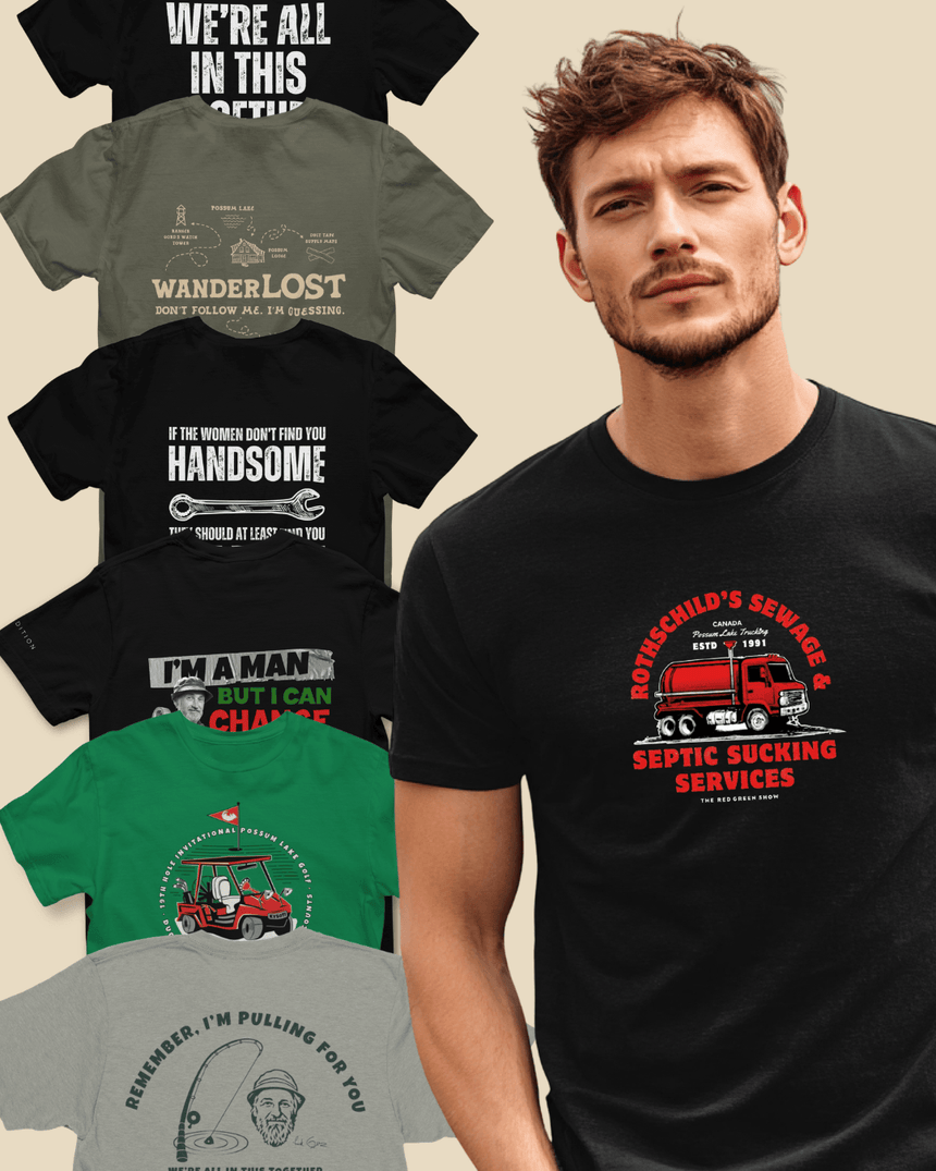 Man wearing Rothschild Sewage T-Shirt standing next to the trending Possum Lodge T-Shirts in the Mix and Match Savings Bundle
