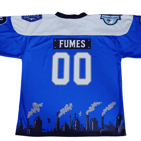Back view of  blue Port Asbestos Hockey Jersey with light grey yoke featuring 00 as jersey number and FUMES as player name above including smoking nuclear facility silhouette striped sleeves and various patches along the yoke and sleeves