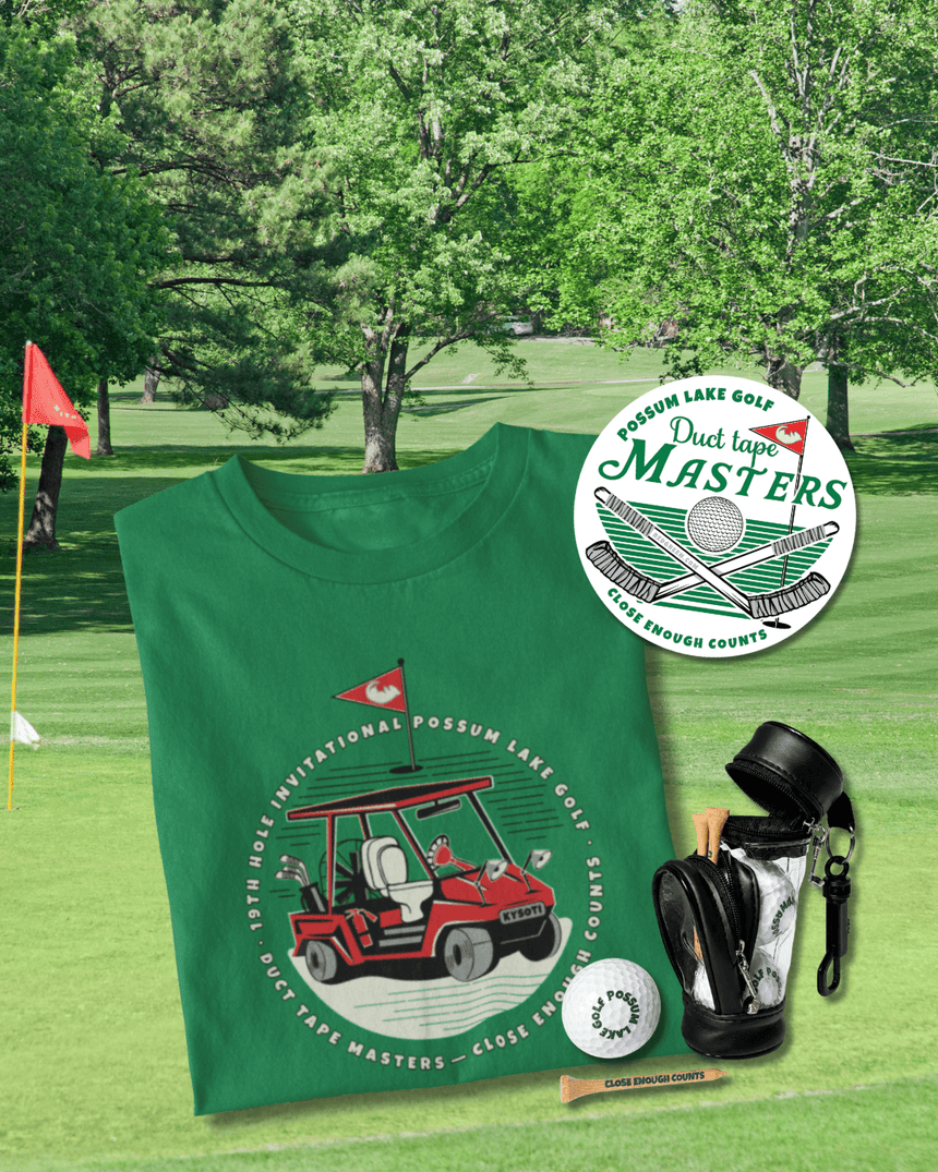 Possum Lake Golf 19th Hole Collection showing t-shirt, golf kit, and sticker on the golf course