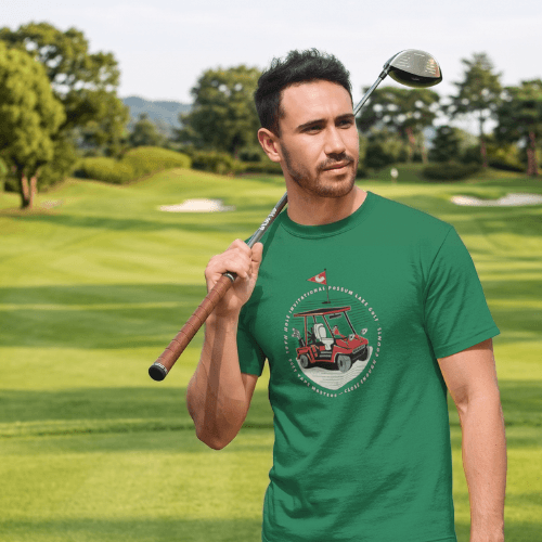 Man Wearing Classic Possum Lake Golf Close Enough Counts T-Shirt in Turf Green 