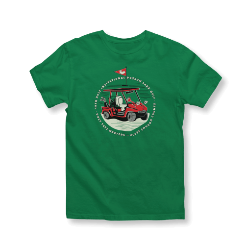 Classic Possum Lake Golf Close Enough Counts T-Shirt Front in Turf Green Gildan T-Shirt