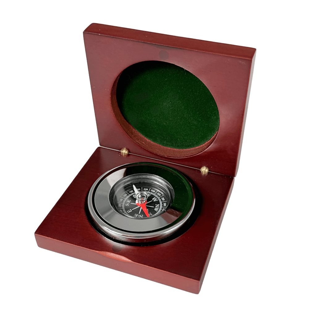 Possum Lodge "Get Lost" Collector Compass inside showing the silver compass and green velvet lid