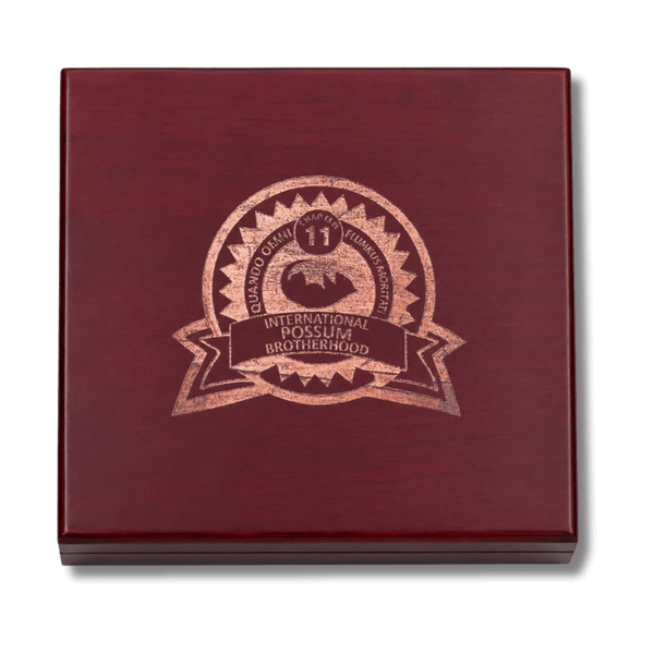 Get Lost Collector's Compass wood engraved Possum Lodge Crest on reddish-brown wooden box