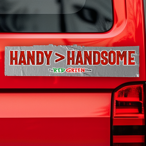 Handsome > Handy Red Green Bumper Sticker on Red Car