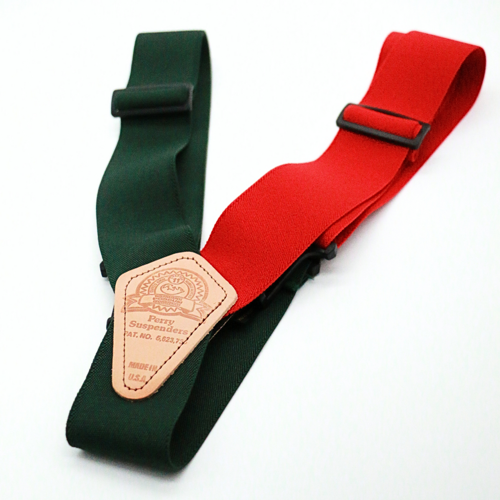 Red Green suspenders folded in a 'V' shape.