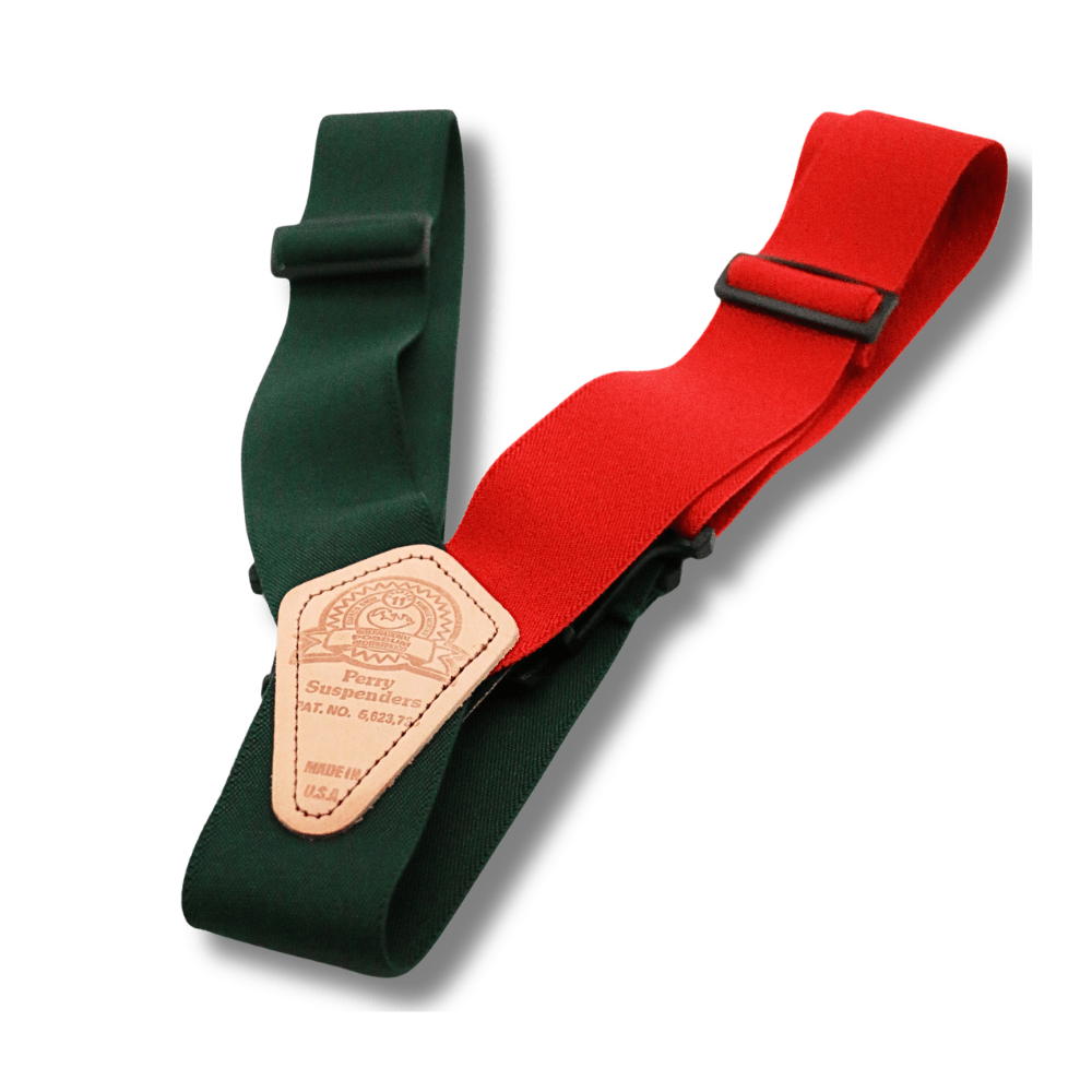 Red Green suspenders folded in a 'V' shape with the Possum Lodge Logo 
