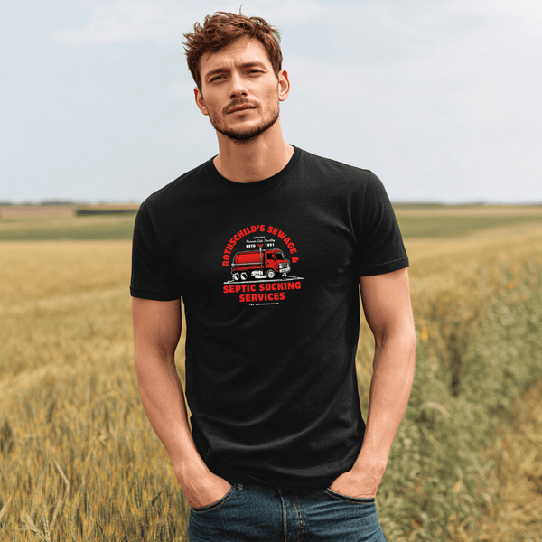 Rothschild's Sewage & Septic Sucking Services T-Shirt on a Male Model