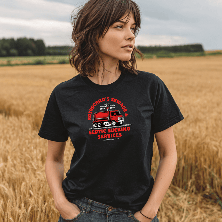 Rothschild's Sewage & Septic Sucking Services T-Shirt on Female Model