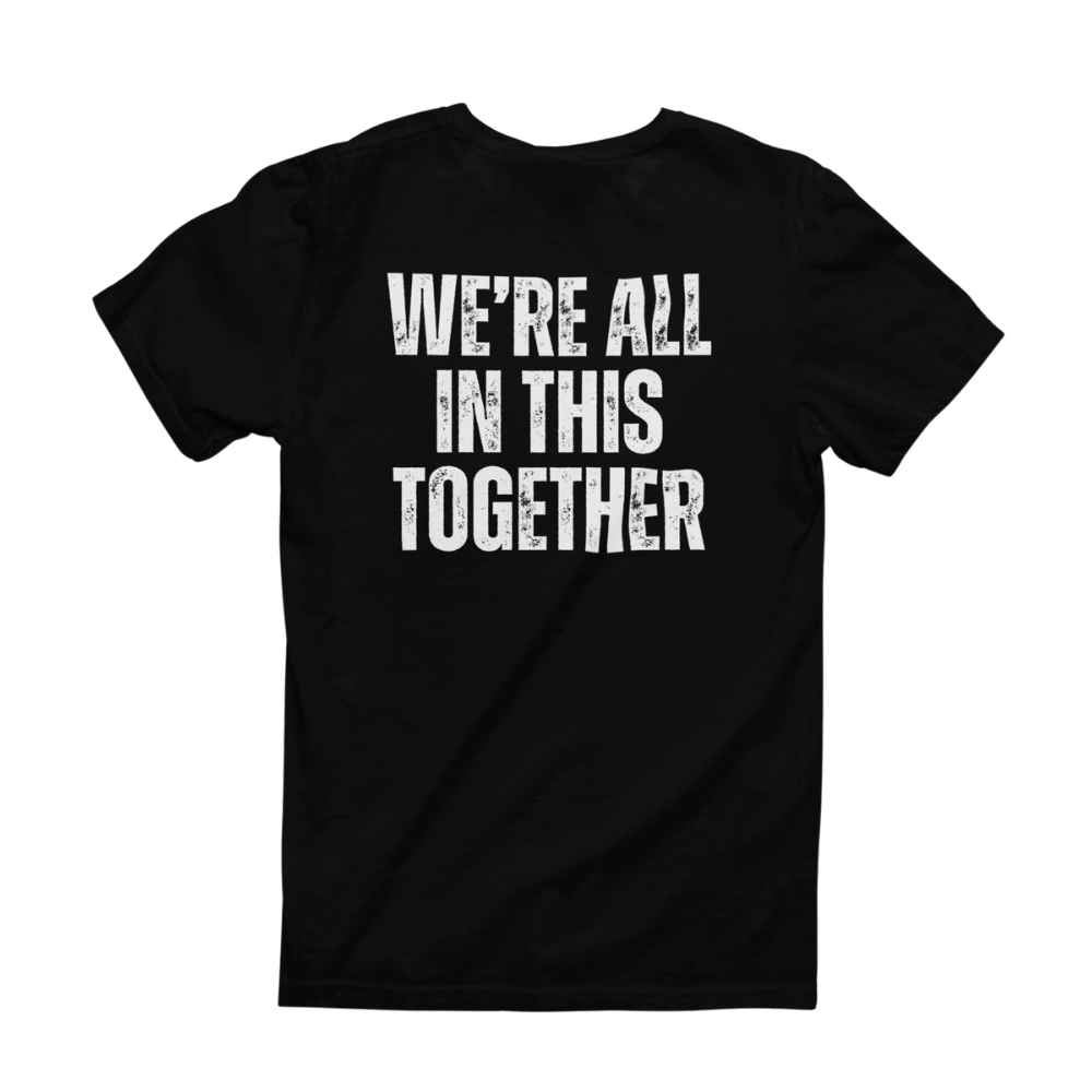 We're All in this Together Possum Lodge T-Shirt Back Quote White on Black Back