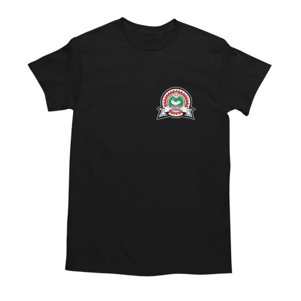 Front view of the black Possum Lodge Man's Prayer T-shirt on a Gildan Softstyle shirt, featuring the iconic Possum Lodge crest in a full-color design on the top right.