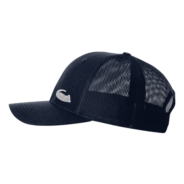 Side view of the Possum Lodge Play Dead Trucker Hat in Navy showing the mesh back