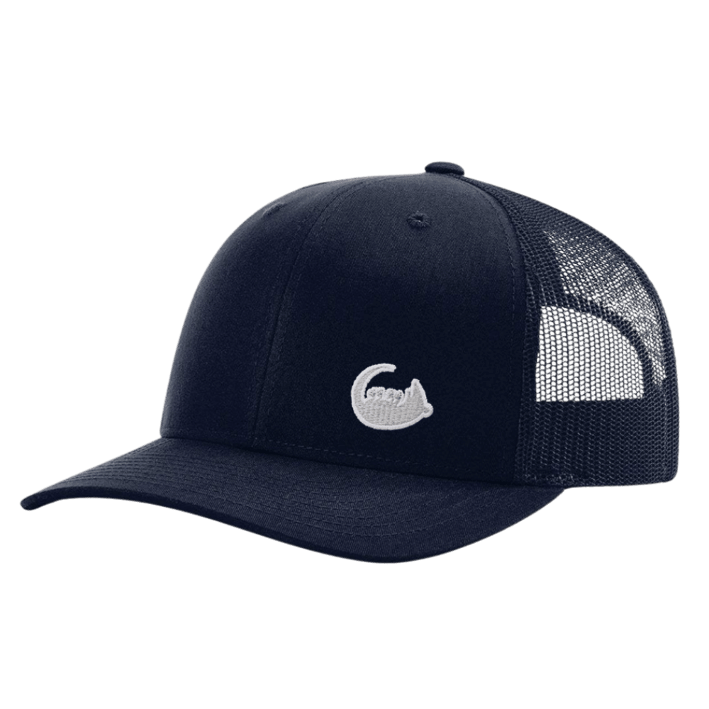Possum Lodge Play Dead Trucker Hat in Navy with mesh back and snapback sizing. Showing the embroidered grey possum outlined in white